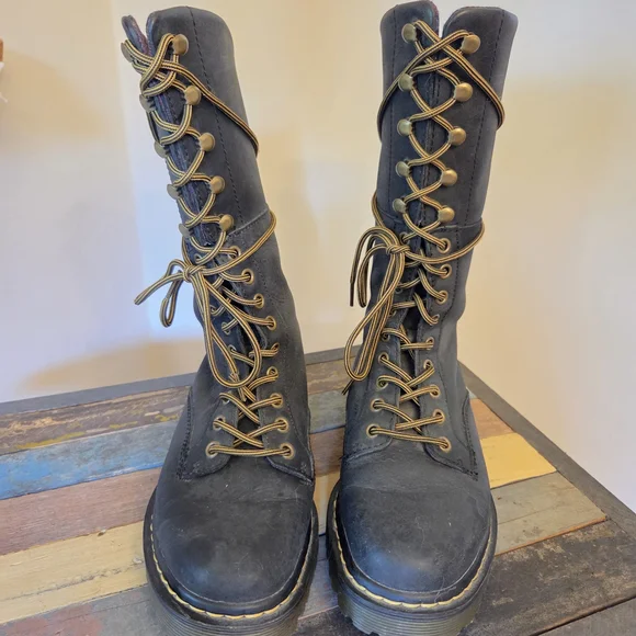 Dr. Martens Black Combat Boots with Floral Lining - Picture 3 of 6